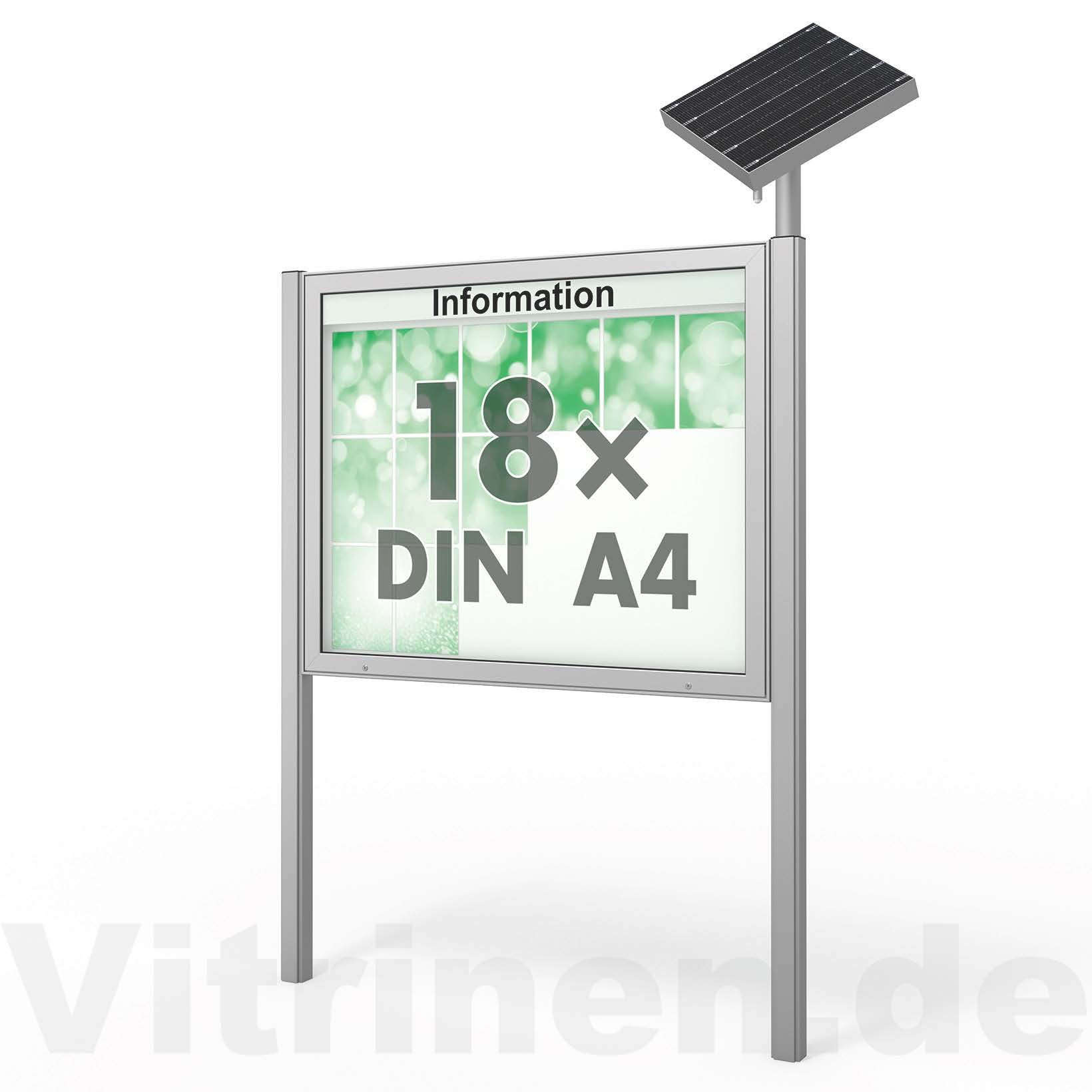 18 x DIN A4 Schaukasten Plenum eckig - der "Klassiker" mit Solar-Modul und Pfosten - Bautiefe 65mm