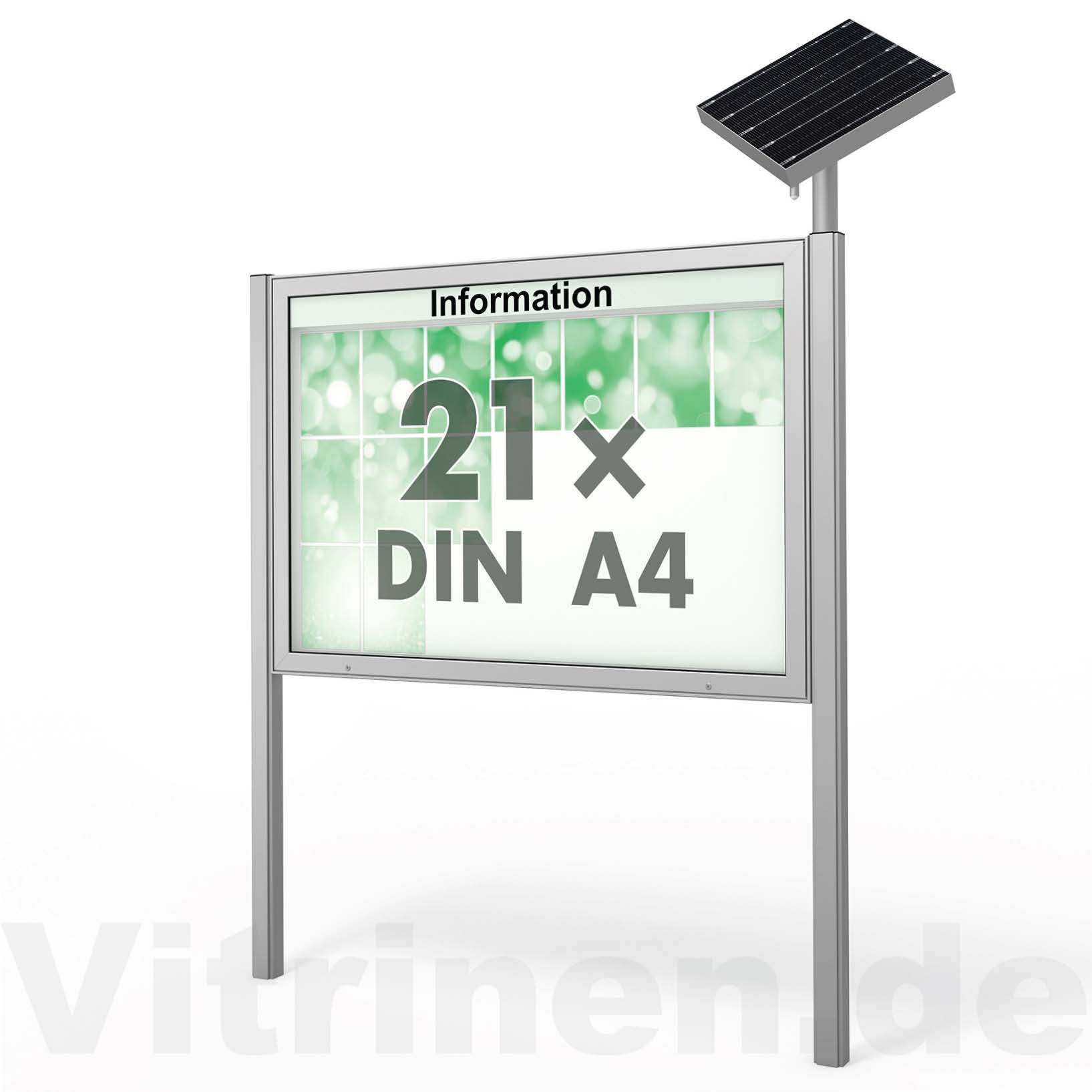 21 x DIN A4 Schaukasten Plenum eckig - der "Klassiker" mit Solar-Modul und Pfosten - Bautiefe 65mm